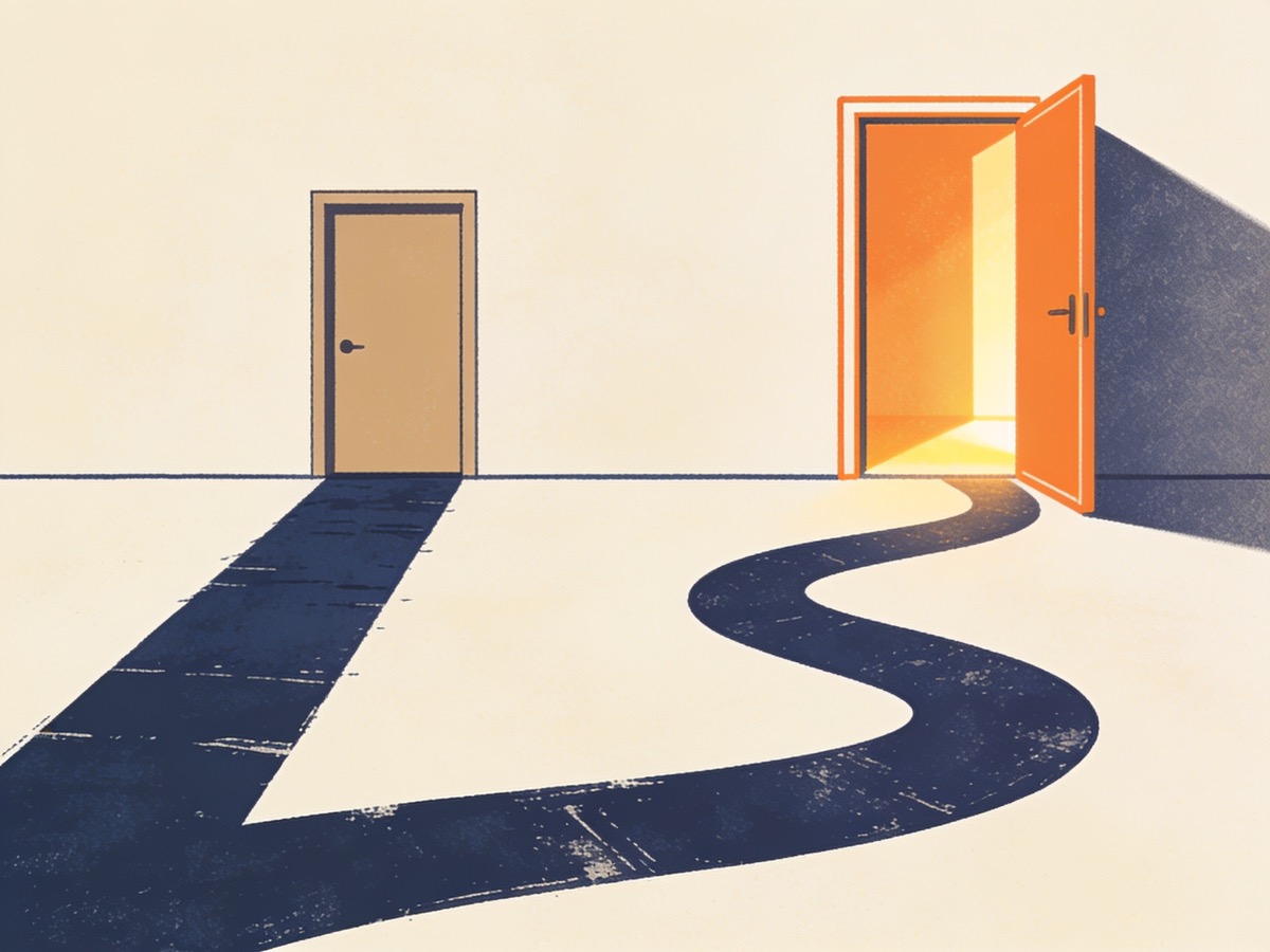 Two doorways in a wall: a short straight worn path leads to a plain closed near door, while a longer winding path leads to a far door outlined in signal orange, standing open with warm light spilling out.