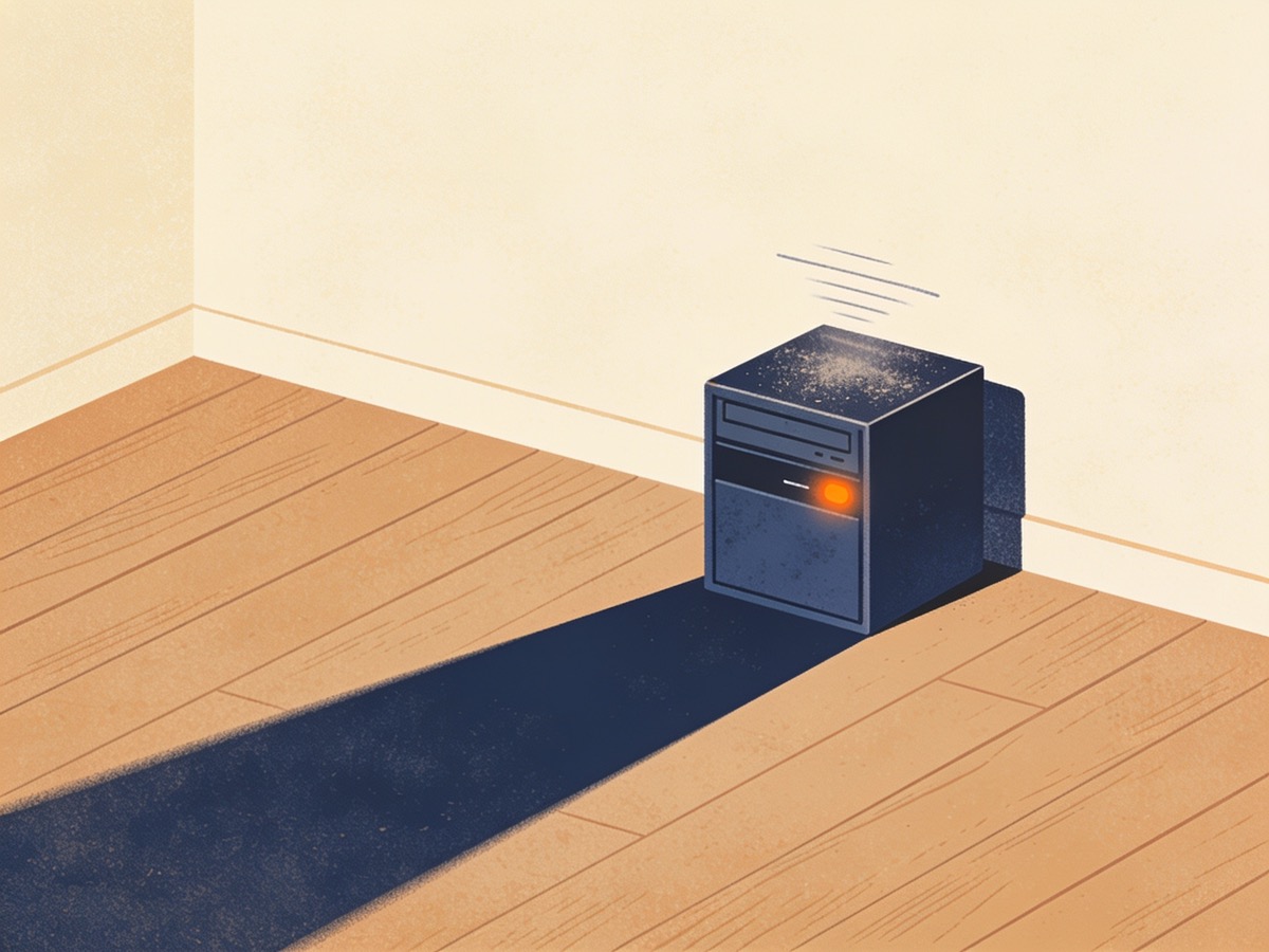 A single small server box left running alone on a wooden floor in an empty room, a thin layer of dust settled on top, one status light still glowing signal orange with faint motion lines suggesting it is still humming.