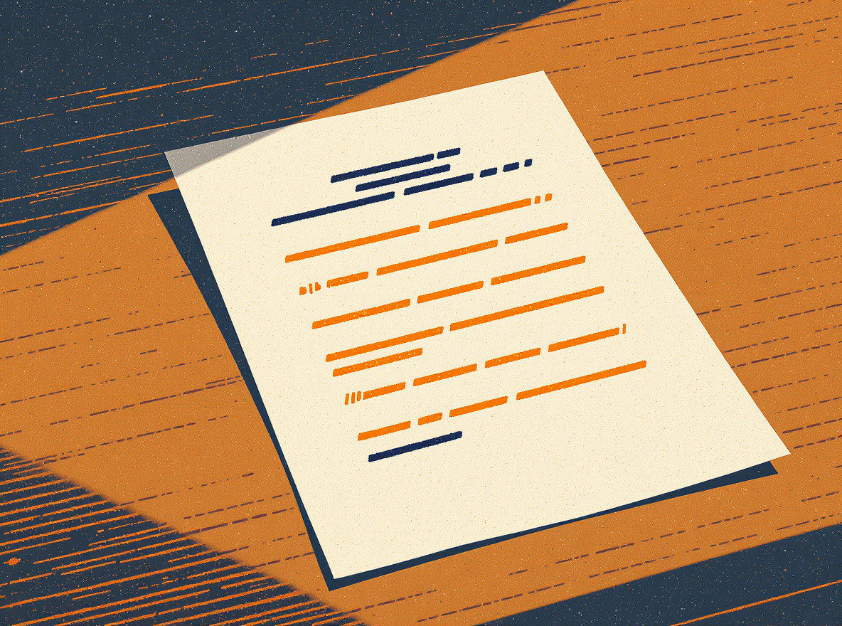An open paper document with signal-orange ghost text already in place across several lines.