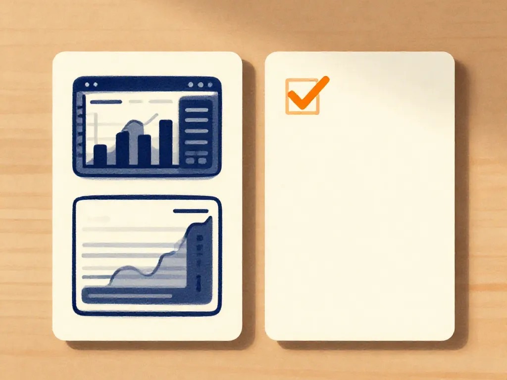 Two paper cards side by side on a wooden desk — one filled with abstract chart shapes, the other with a single checkbox.