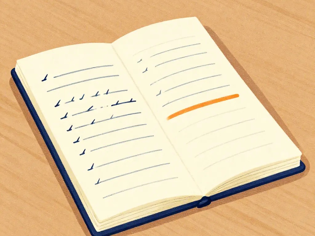 An open paper handover notebook with a single signal-orange line inserted between rows of existing writing.