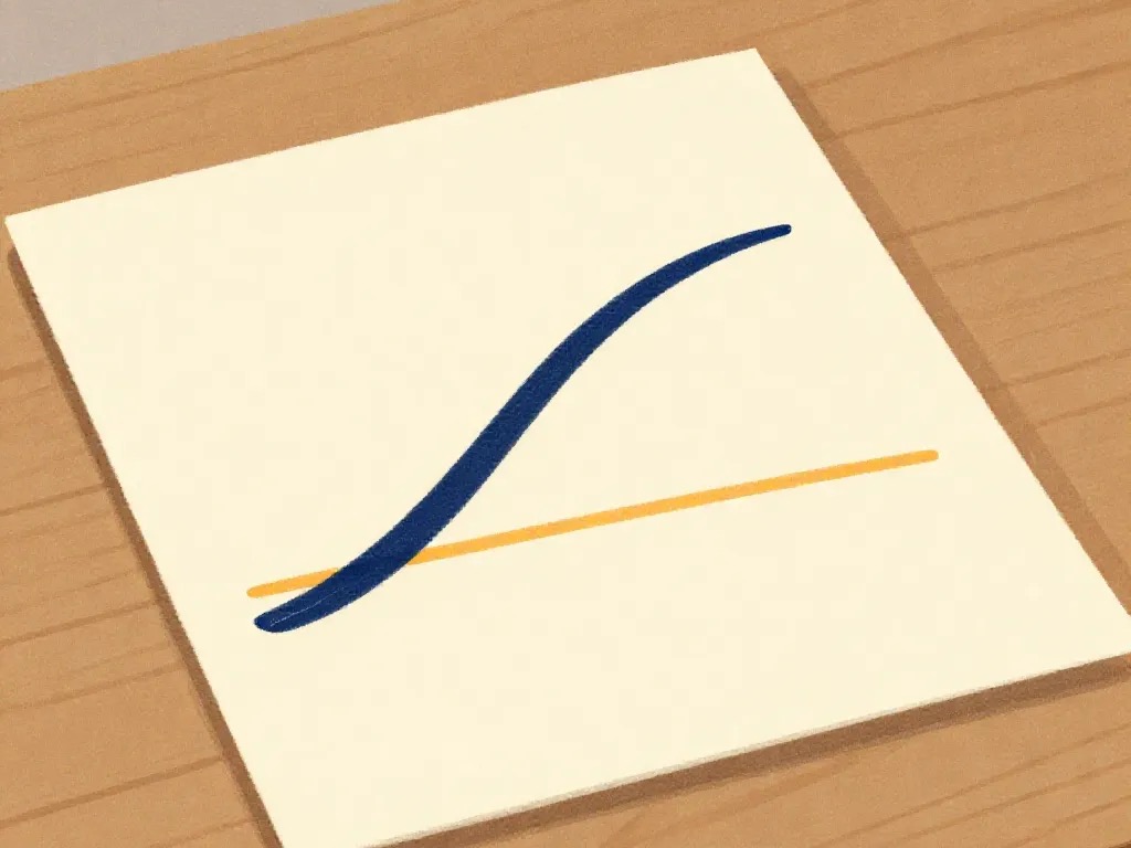 A steeply rising line crossing a flat horizontal line drawn on a sheet of paper.