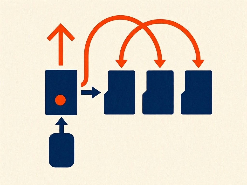 A flat illustration of a small editor panel connected to a local server box, which writes out to three labeled folders, with a short arrow looping back from a checkmark to the source.