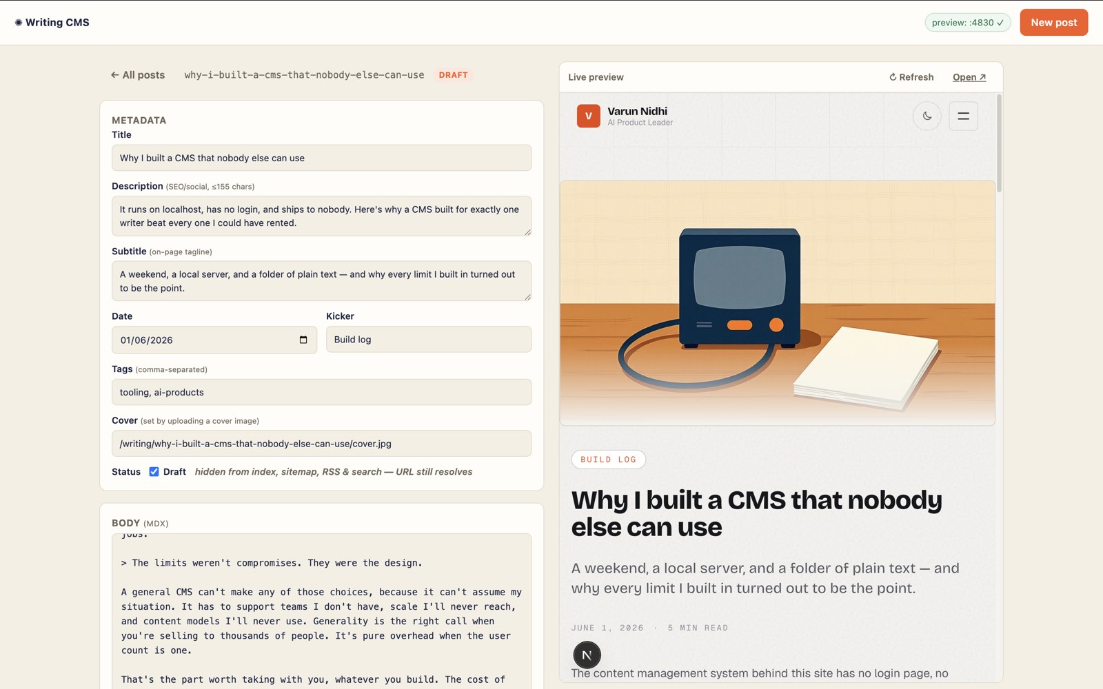 screenshot of the custom local CMS